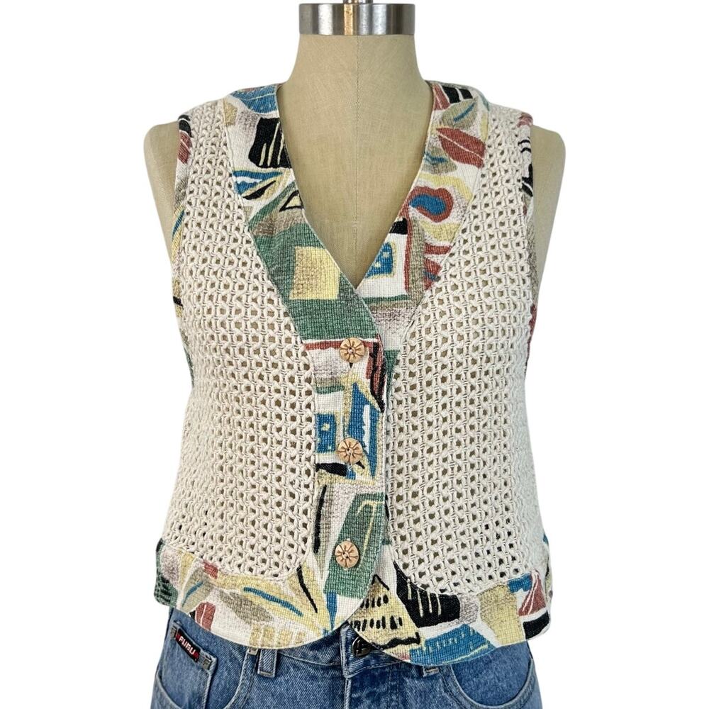 FSTOP Vintage Yarn Crotchet Knit Button Front Multicolored Tan Vest (Sz M)